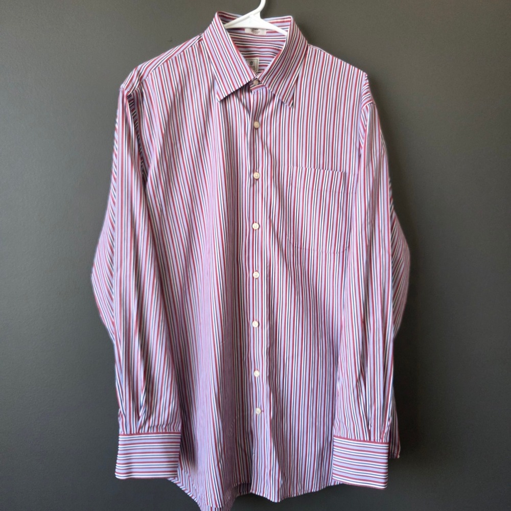 Peter Millar Mens Large Button Down Shirt Red Blue White Striped Cotton Workwear